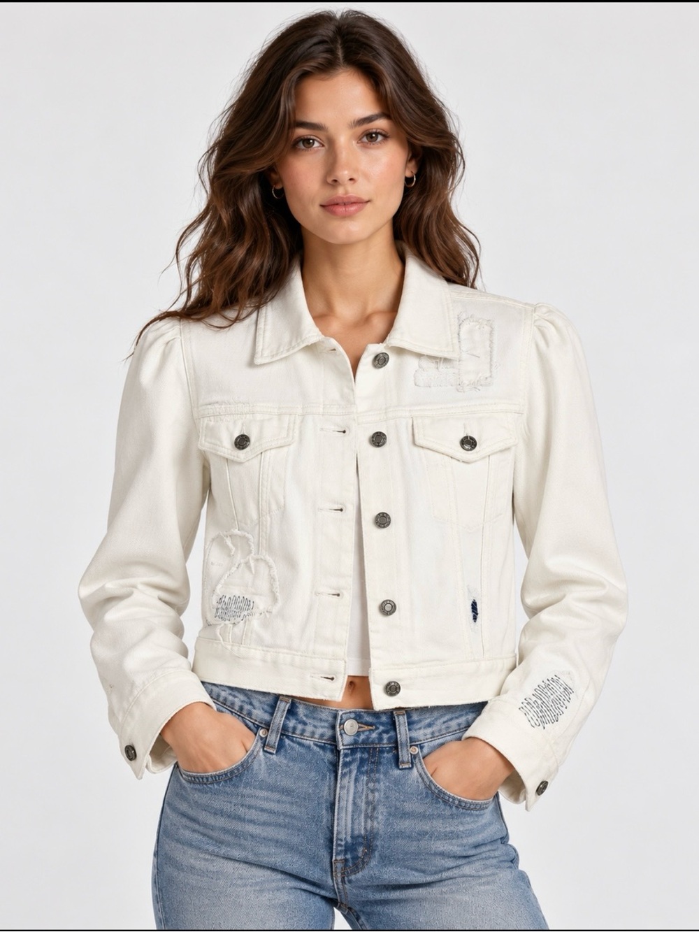 Lauren Ralph Lauren White Distressed Cropped Denim Jacket Women’s S
